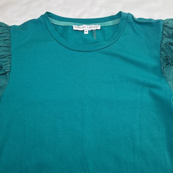 ENGLISH FACTORY Top Size M Teal Green Mini Ruffle Puff Sleeve Crew Neck T-Shirt - Picture 3 of 13